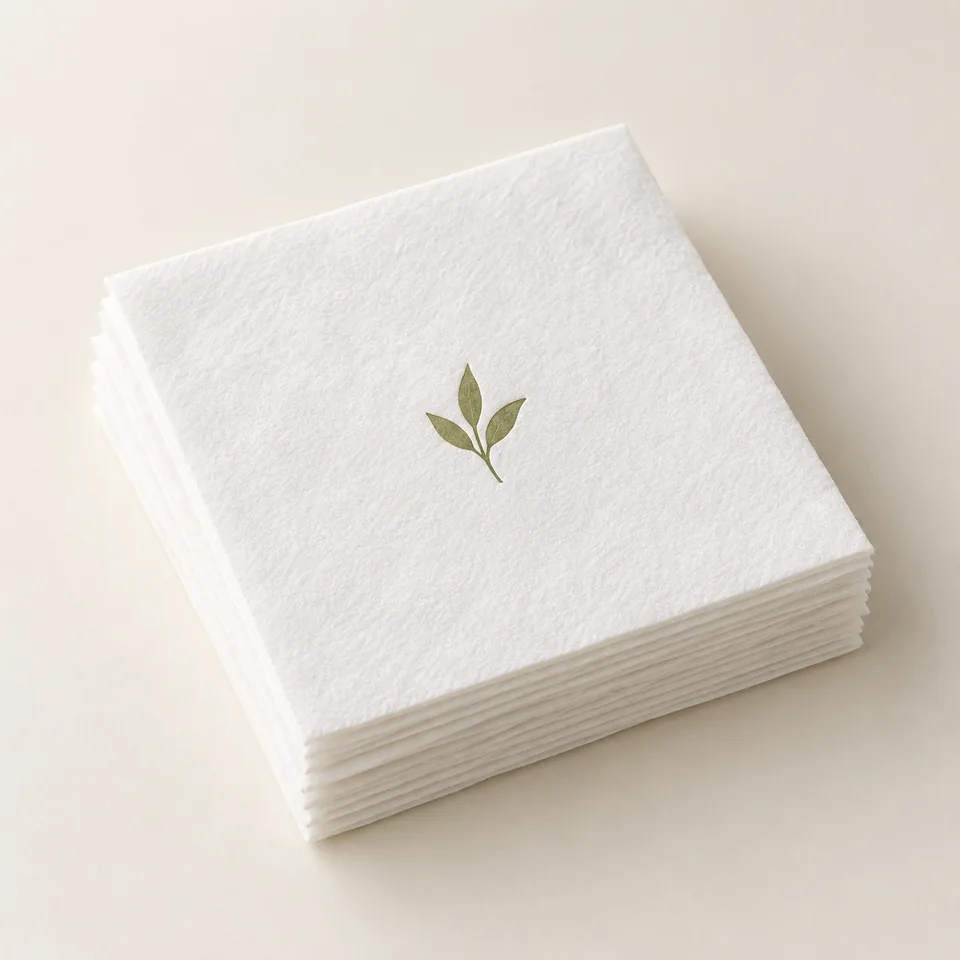 AI-generated concept: White square airlaid paper cocktail napkins with a small olive leaf design