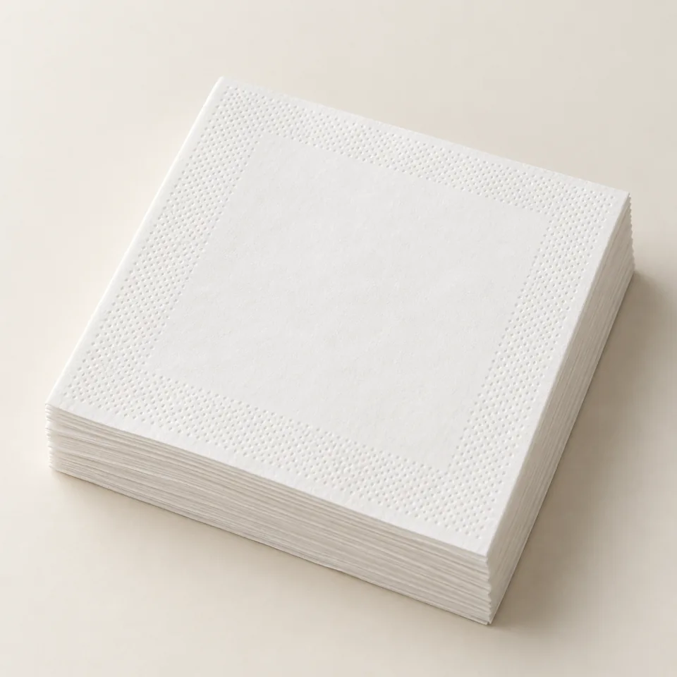 AI-generated concept: Blank white paper cocktail napkins with an embossed edge border