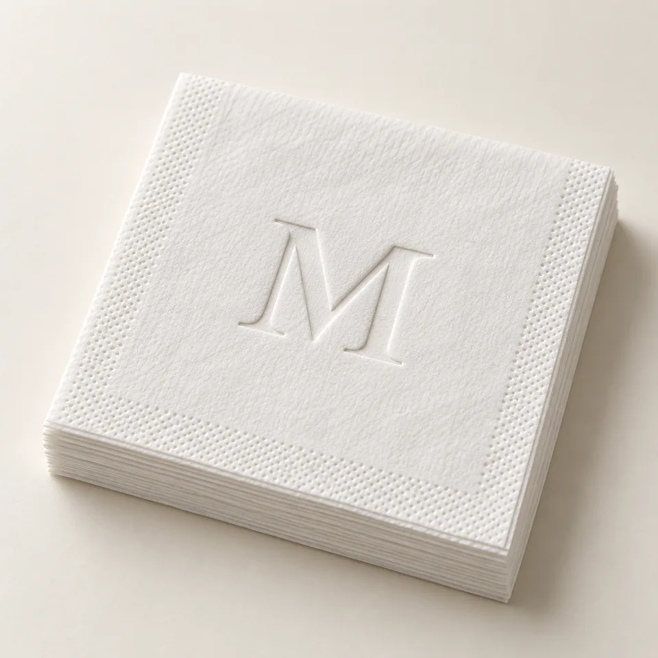 AI-generated concept: White paper cocktail napkins with a blind-debossed recessed M monogram