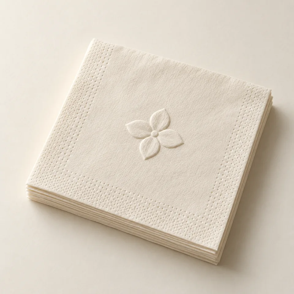 AI-generated concept: Ivory paper cocktail napkins with a blind-embossed raised floral emblem