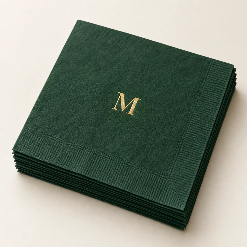 AI-generated concept: Forest-green paper cocktail napkins with a small gold-foil M monogram