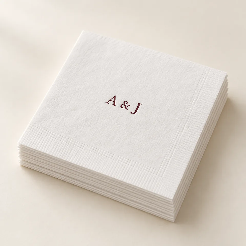 AI-generated concept: White custom paper cocktail napkins with a burgundy A and J monogram