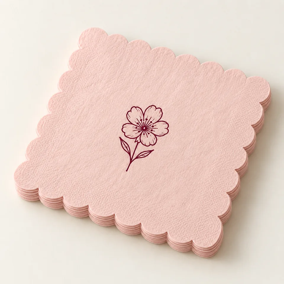 AI-generated concept: Blush scalloped paper cocktail napkins with a burgundy floral line drawing