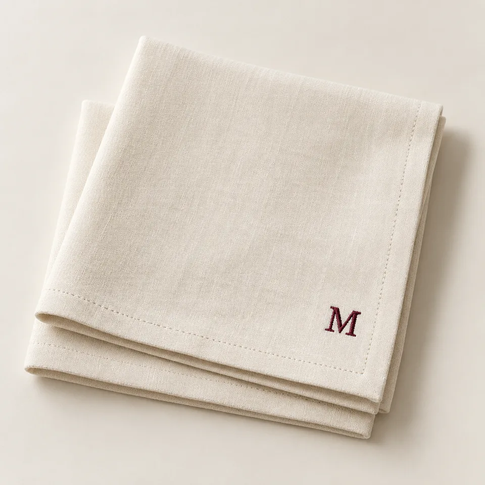 AI-generated concept: Ivory cloth dinner napkin with a stitched hem and burgundy embroidered M