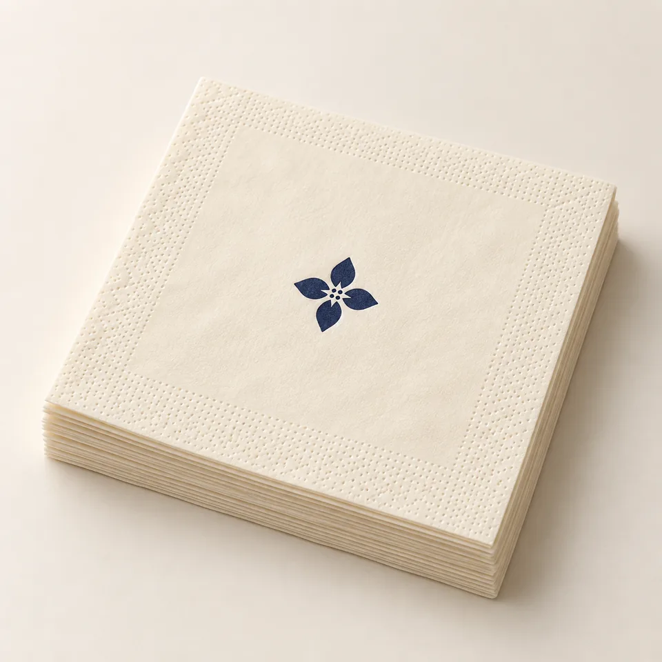 AI-generated concept: Ivory square folded paper dinner napkins with a navy floral emblem