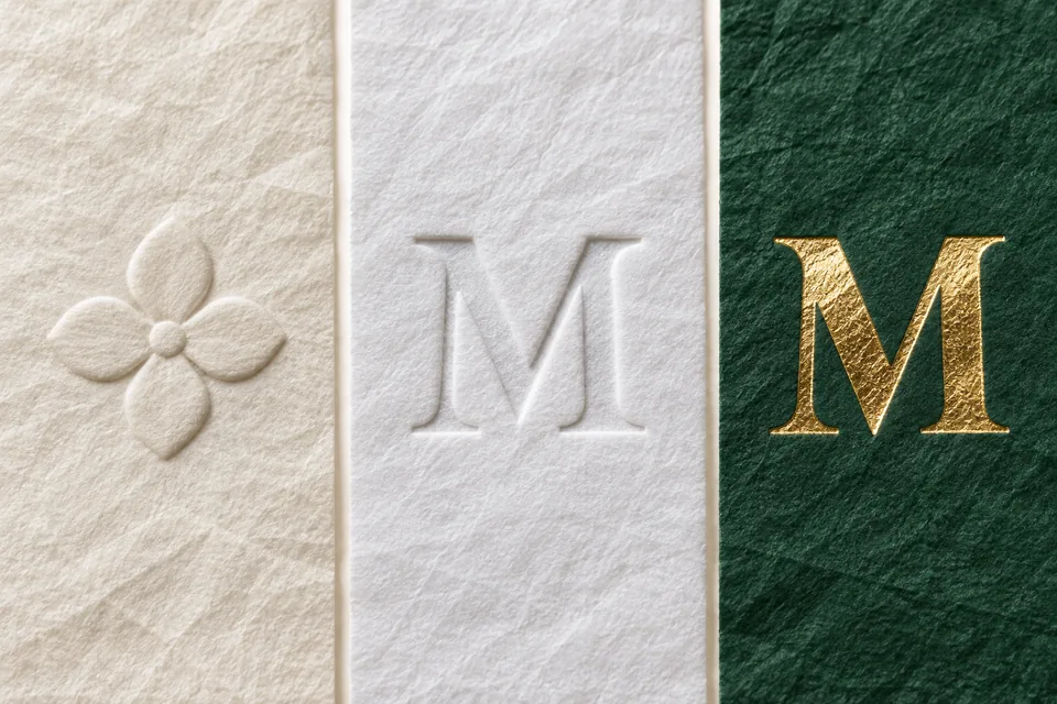 AI-generated concept: Illustrative close-up comparison: raised embossing, recessed debossing, and metallic gold foil on paper napkins