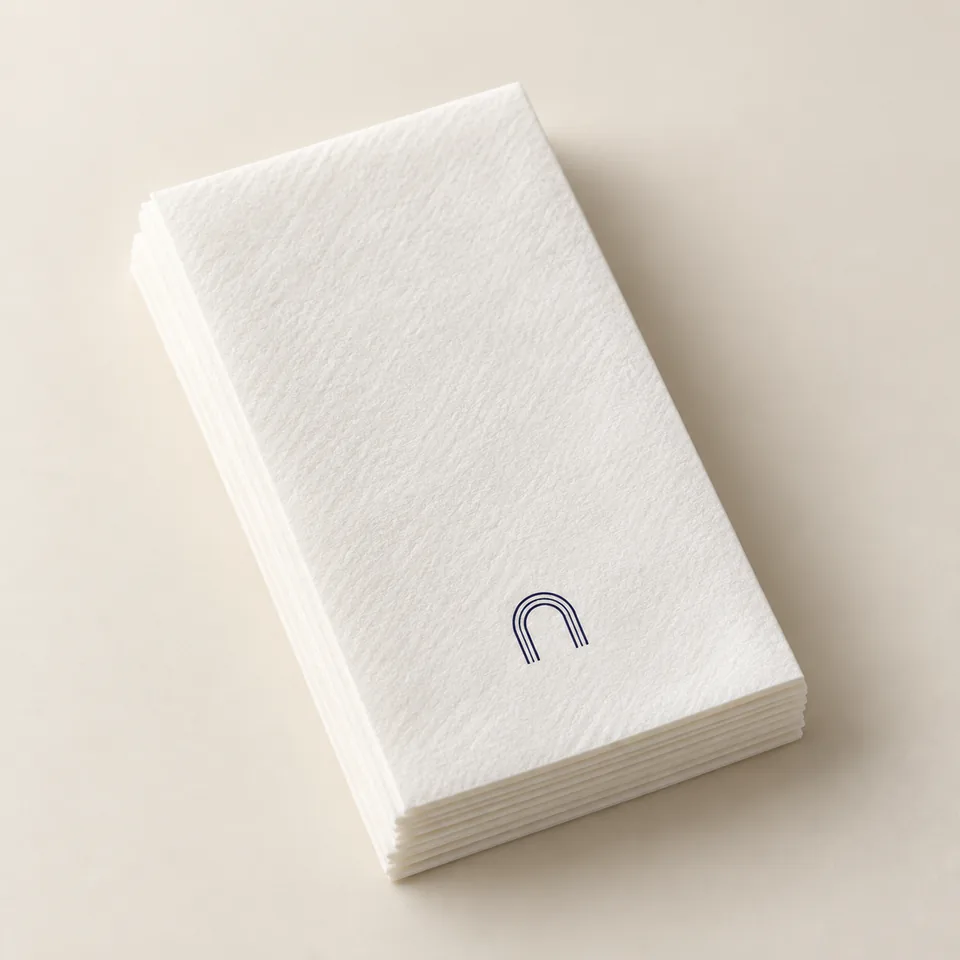 AI-generated concept: White nonwoven airlaid paper guest towels with a navy arch design