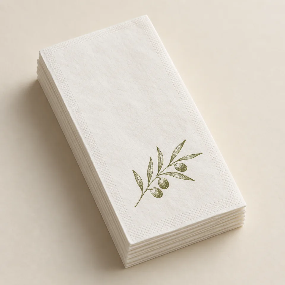 AI-generated concept: Rectangular white paper guest towels with an olive branch illustration