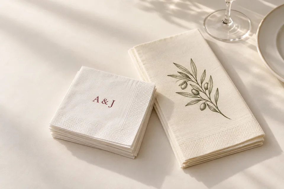 AI-generated concept: Illustrative white monogram cocktail napkins and ivory olive-branch paper guest towels on a warm table
