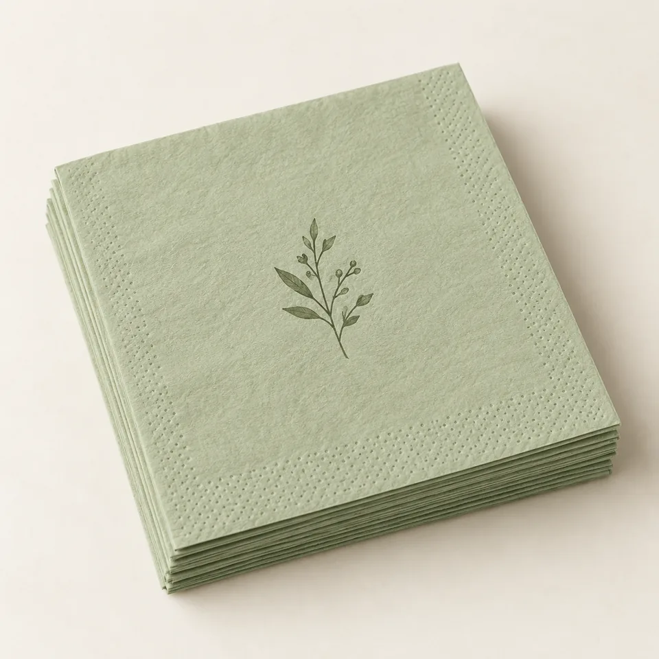 AI-generated concept: Sage two-ply paper luncheon napkins with an olive botanical sprig