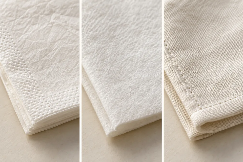 AI-generated concept: Illustrative close-up comparison of tissue paper, airlaid paper, and stitched woven cloth
