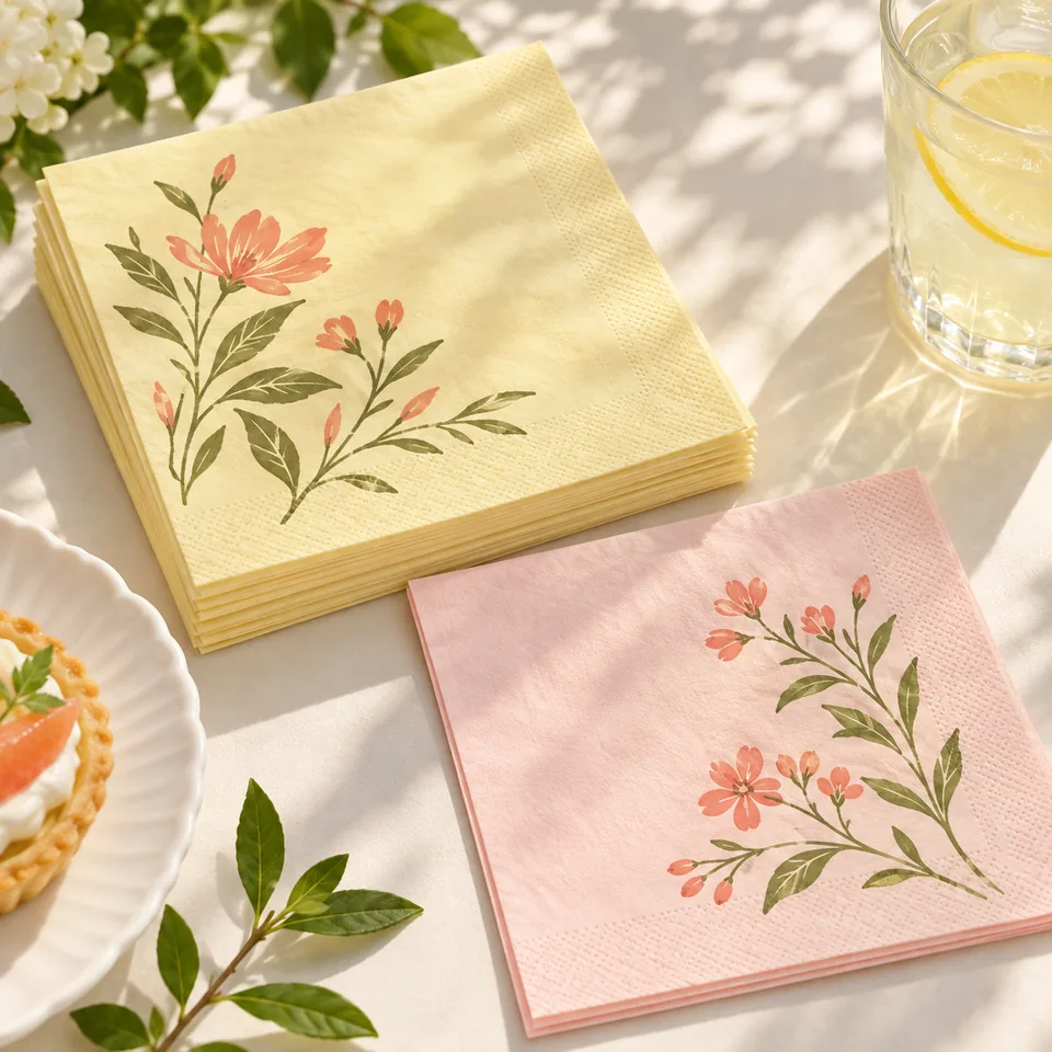 AI-generated concept: Illustrative garden-party setting with colorful botanical paper luncheon napkins