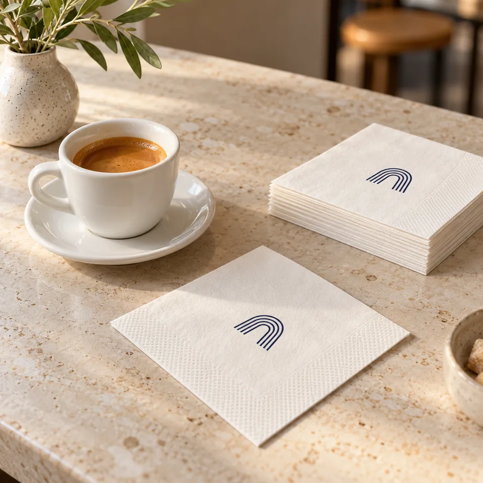 AI-generated concept: Illustrative cafe setting with a navy-printed paper napkin beside an espresso cup