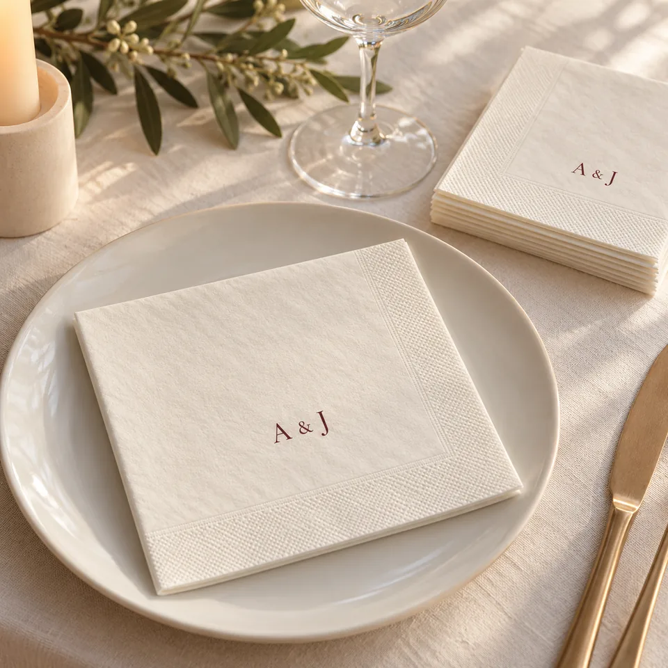 AI-generated concept: Illustrative wedding table with ivory personalized paper napkins and white ceramic plates
