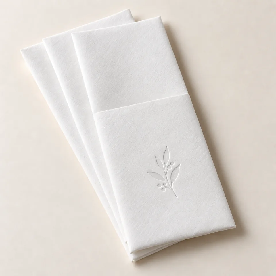 AI-generated concept: White pre-folded airlaid paper pocket napkins with a subtle uncolored botanical impression